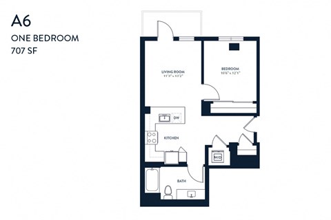 Floor plan for 1 bed, 1 bath, 707 sqft